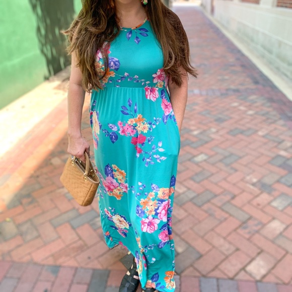 Dresses & Skirts - Turquoise Maxi floral dress Made in USA